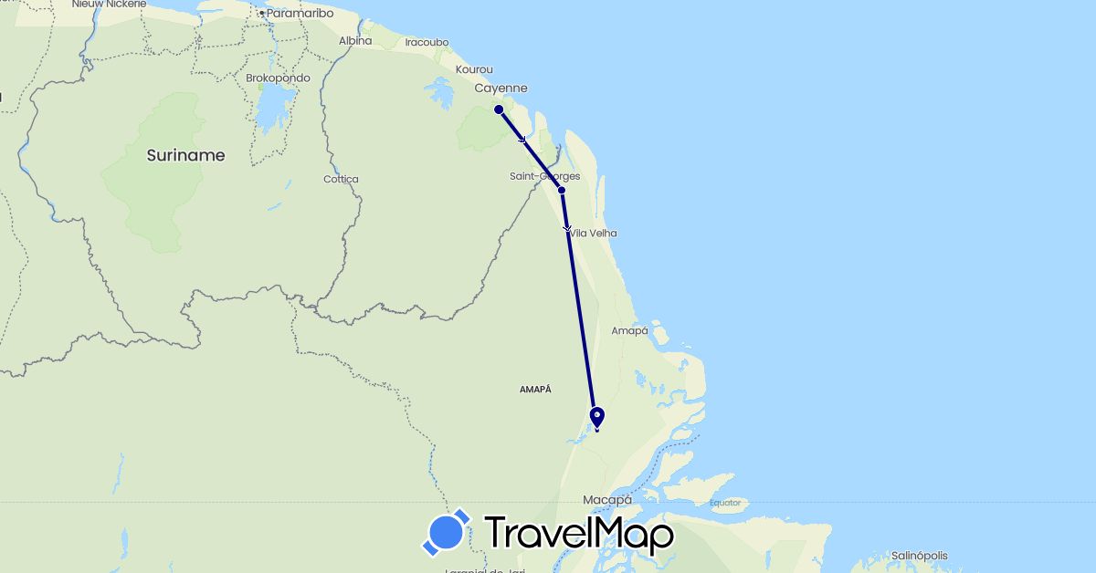 TravelMap itinerary: driving in Brazil, France (Europe, South America)